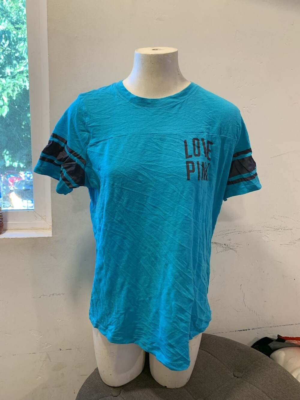 Pink Victoria's Secret Campus Tee Size L Blue Varsity Stripe Love Pink